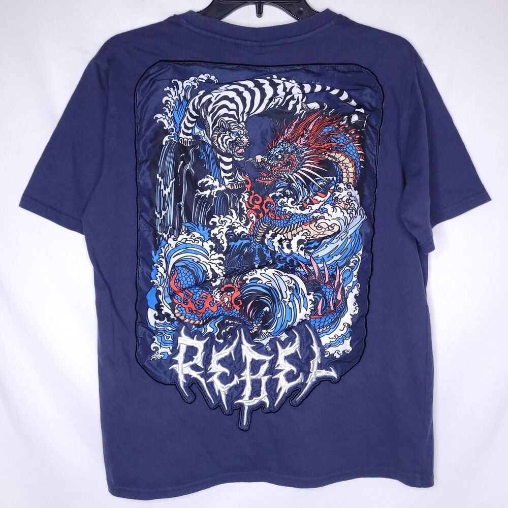 Rebel Vengeance T Shirt Mens Medium Navy Blue Chinese Dragon